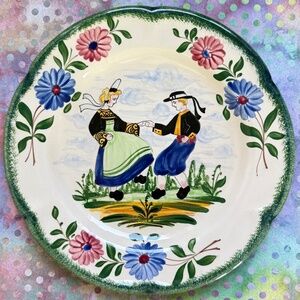 FRENCH Hand Painted Ceramic Plate Dancing Dutch Boy & Girl Floral Black Clogs 9"